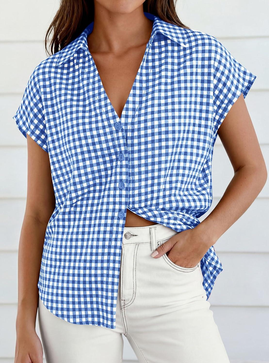 imagePRETTYGARDEN Womens Short Sleeve Shirts Plaid Button Down Blouse Dressy Casual 2026 Summer Spring Business Gingham Work TopsBlue