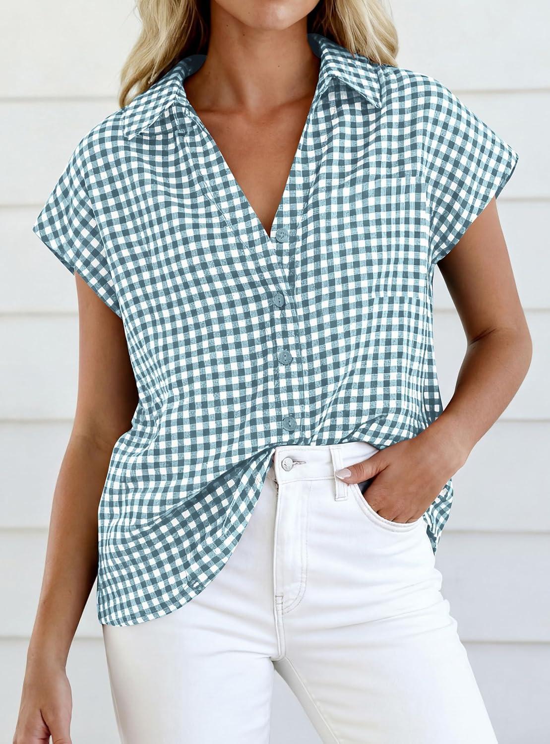 imagePRETTYGARDEN Womens Short Sleeve Shirts Plaid Button Down Blouse Dressy Casual 2026 Summer Spring Business Gingham Work TopsGrey Blue
