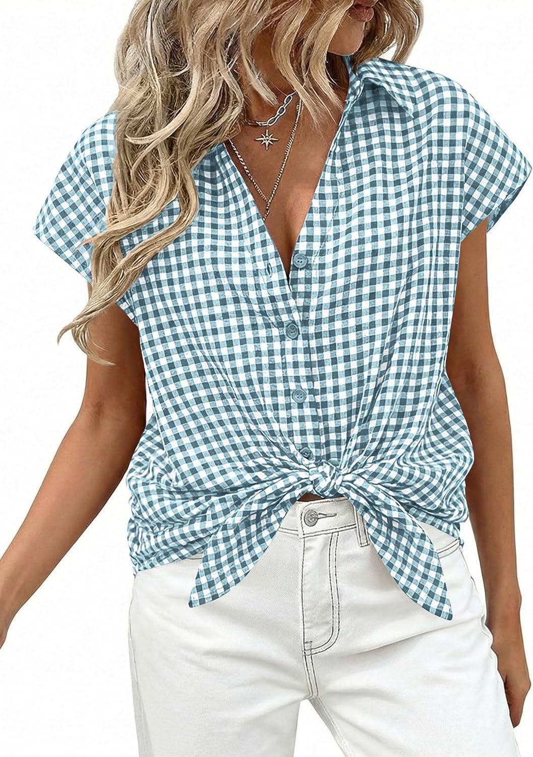 imagePRETTYGARDEN Womens Short Sleeve Shirts Plaid Button Down Blouse Dressy Casual 2026 Summer Spring Business Gingham Work TopsGrey Blue