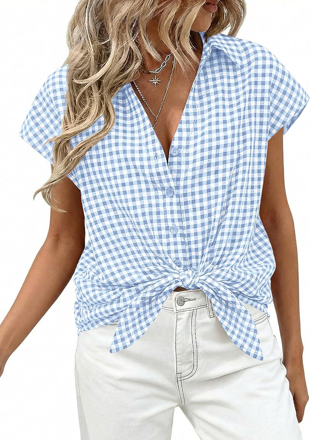 imagePRETTYGARDEN Womens Short Sleeve Shirts Plaid Button Down Blouse Dressy Casual 2026 Summer Spring Business Gingham Work TopsLight Blue