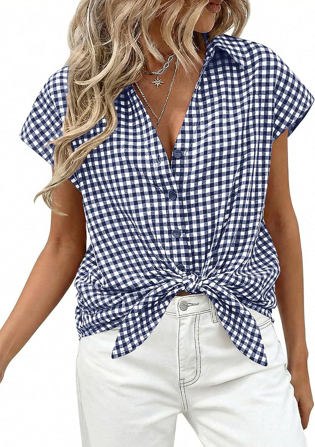 imagePRETTYGARDEN Womens Short Sleeve Shirts Plaid Button Down Blouse Dressy Casual 2026 Summer Spring Business Gingham Work TopsNavy