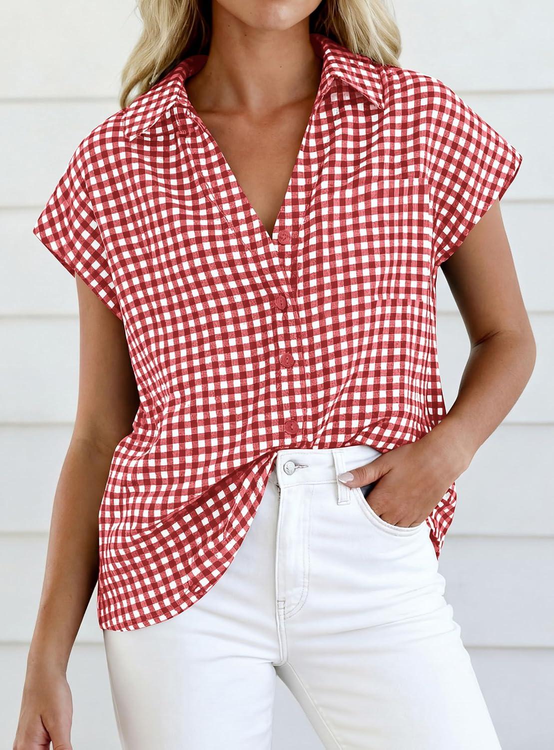 imagePRETTYGARDEN Womens Short Sleeve Shirts Plaid Button Down Blouse Dressy Casual 2026 Summer Spring Business Gingham Work TopsWine Red