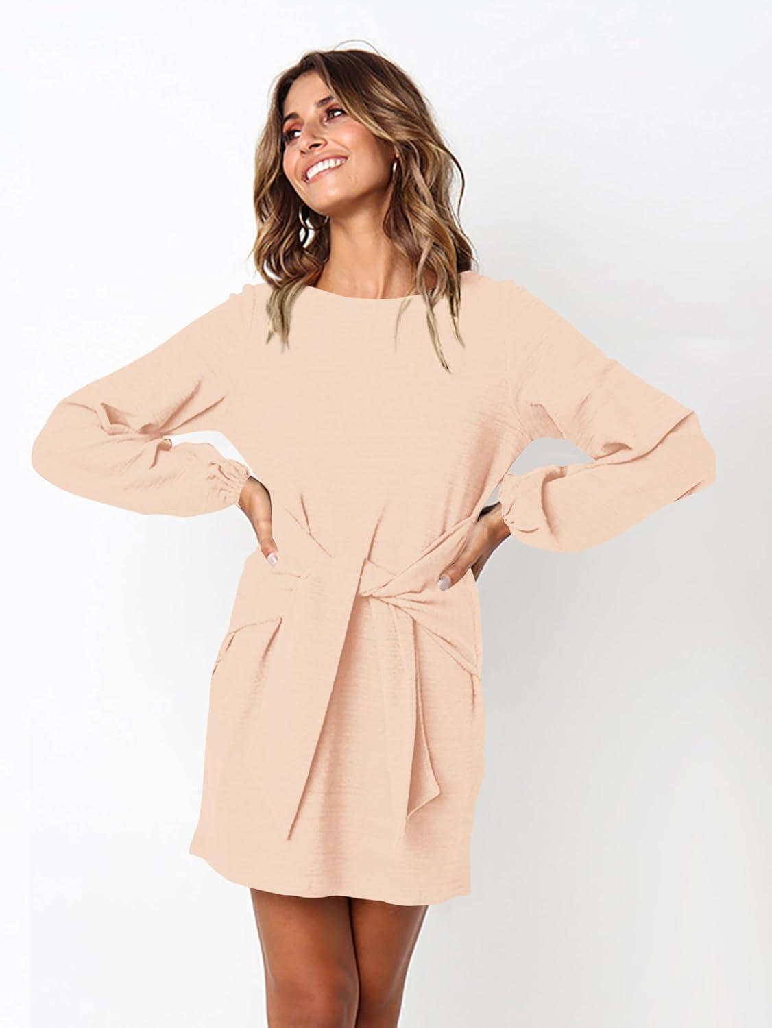 imagePRETTYGARDEN Womens Spring Elegant Long Lantern Sleeve Short Dress Wedding Guest Crewneck Tie Waist Knit Cocktail DressesApricot