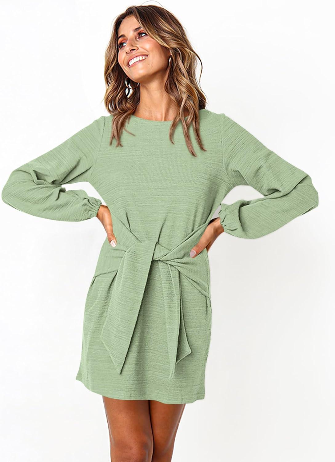 imagePRETTYGARDEN Womens Spring Elegant Long Lantern Sleeve Short Dress Wedding Guest Crewneck Tie Waist Knit Cocktail DressesBean Green