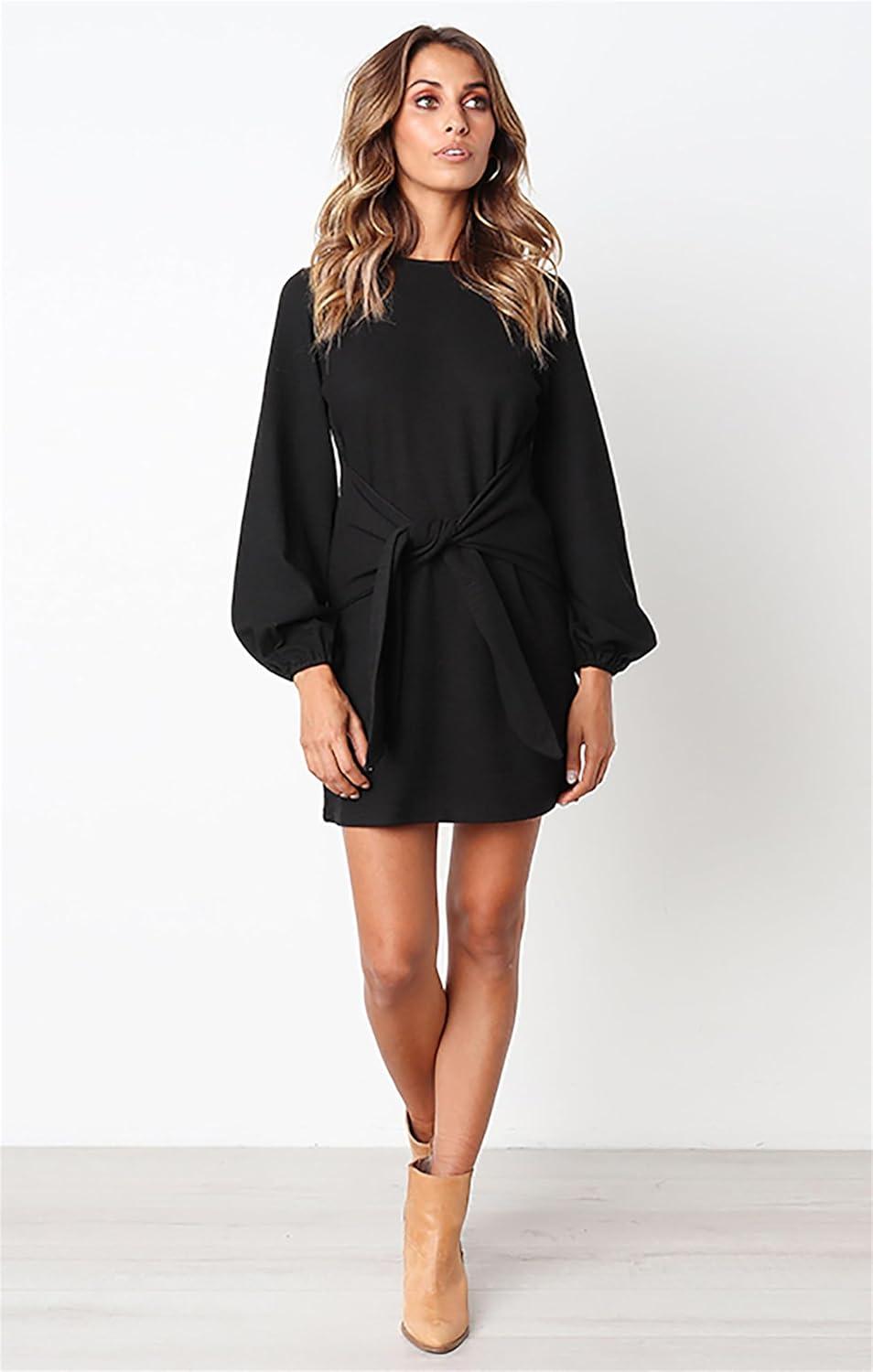 imagePRETTYGARDEN Womens Spring Elegant Long Lantern Sleeve Short Dress Wedding Guest Crewneck Tie Waist Knit Cocktail DressesBlack