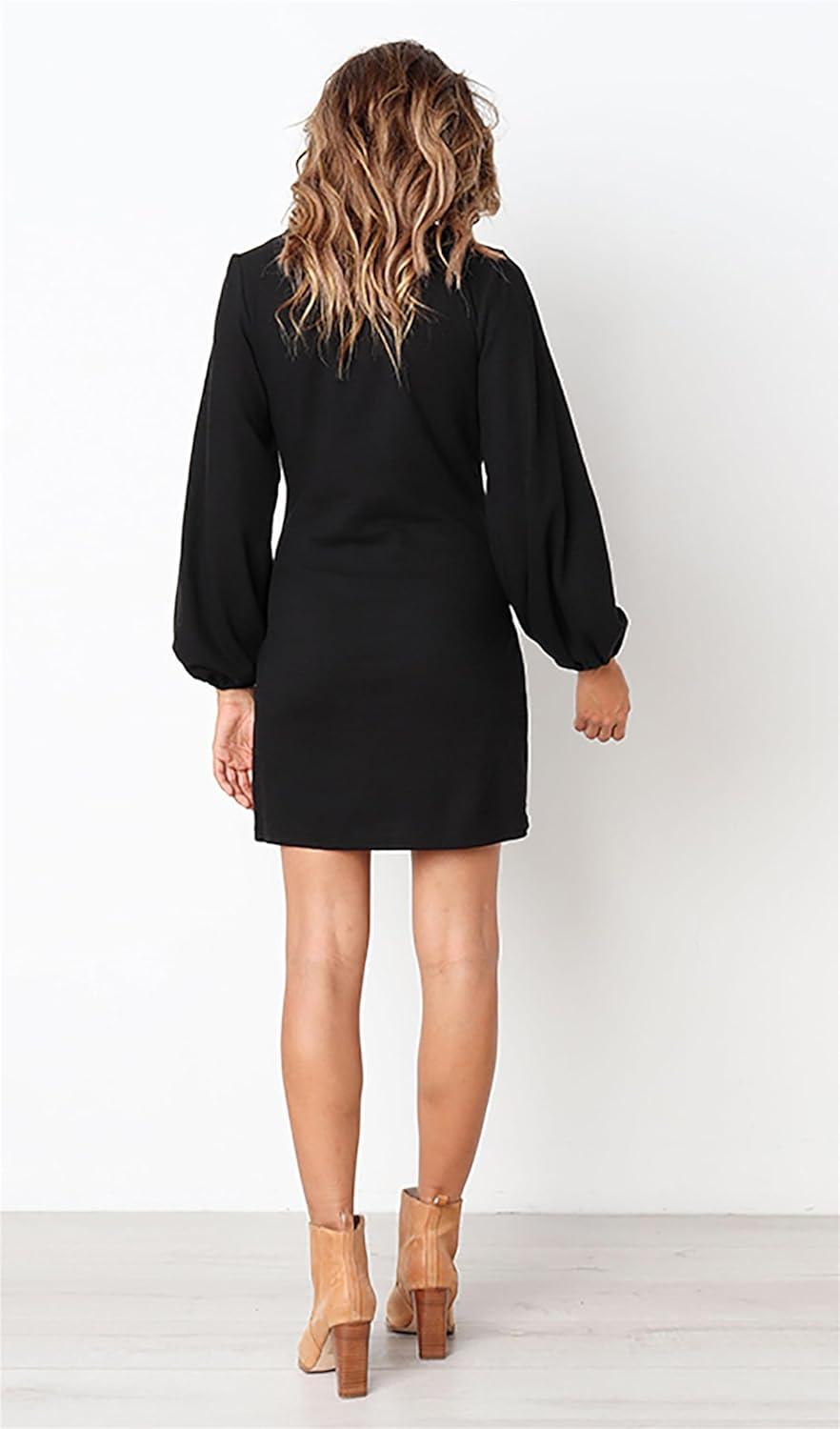 imagePRETTYGARDEN Womens Spring Elegant Long Lantern Sleeve Short Dress Wedding Guest Crewneck Tie Waist Knit Cocktail DressesBlack