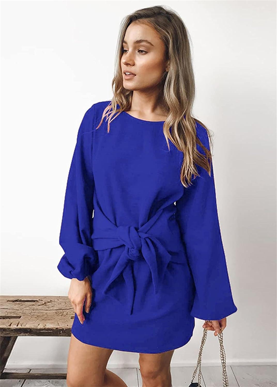 imagePRETTYGARDEN Womens Spring Elegant Long Lantern Sleeve Short Dress Wedding Guest Crewneck Tie Waist Knit Cocktail DressesBlue