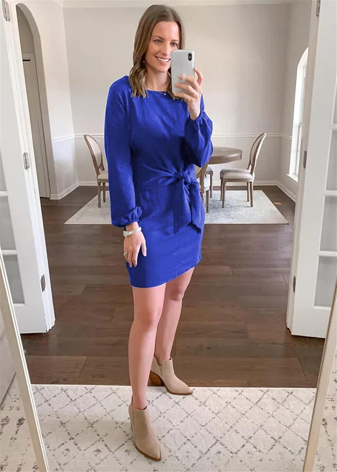 imagePRETTYGARDEN Womens Spring Elegant Long Lantern Sleeve Short Dress Wedding Guest Crewneck Tie Waist Knit Cocktail DressesBlue