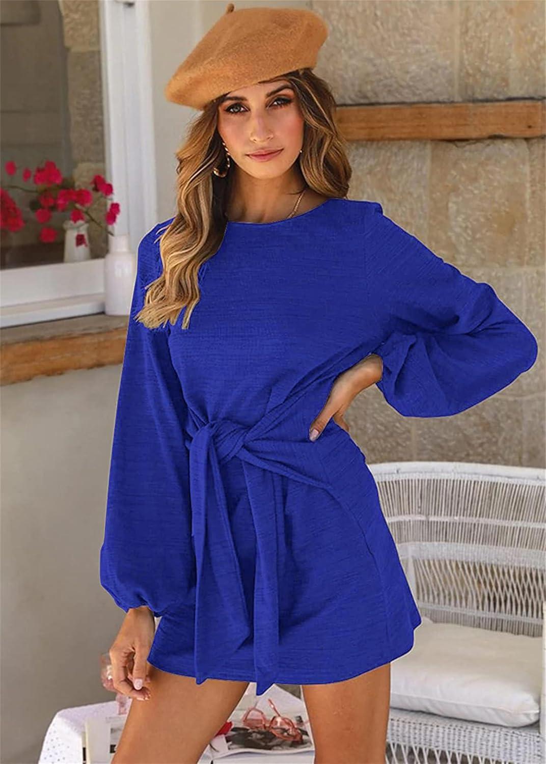 imagePRETTYGARDEN Womens Spring Elegant Long Lantern Sleeve Short Dress Wedding Guest Crewneck Tie Waist Knit Cocktail DressesBlue
