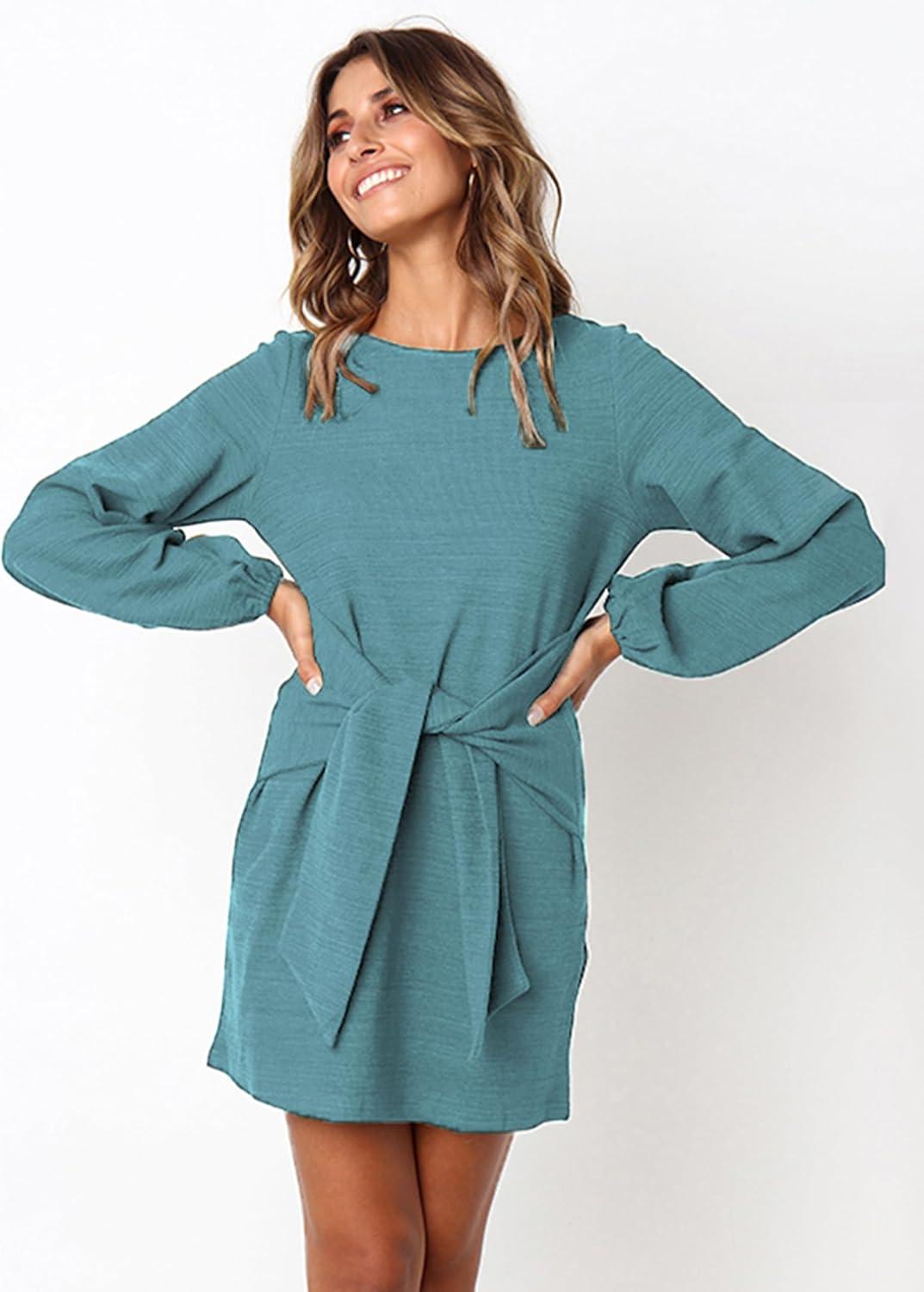 imagePRETTYGARDEN Womens Spring Elegant Long Lantern Sleeve Short Dress Wedding Guest Crewneck Tie Waist Knit Cocktail DressesBlue Green