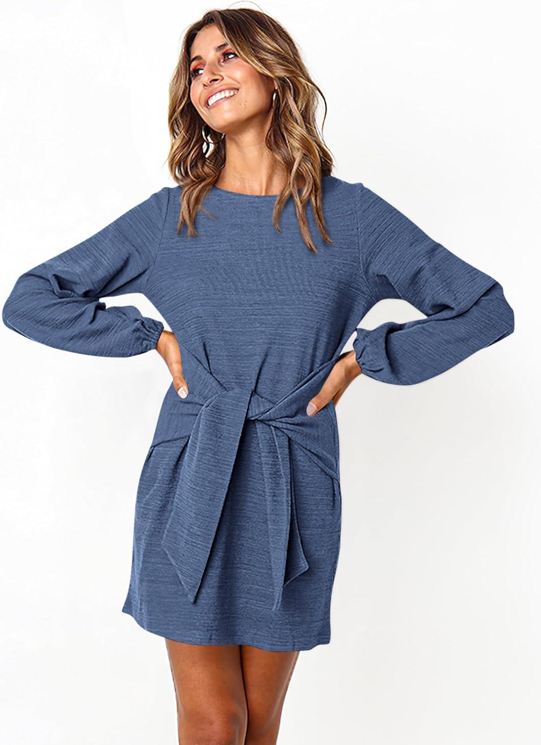 imagePRETTYGARDEN Womens Spring Elegant Long Lantern Sleeve Short Dress Wedding Guest Crewneck Tie Waist Knit Cocktail DressesBlue Grey