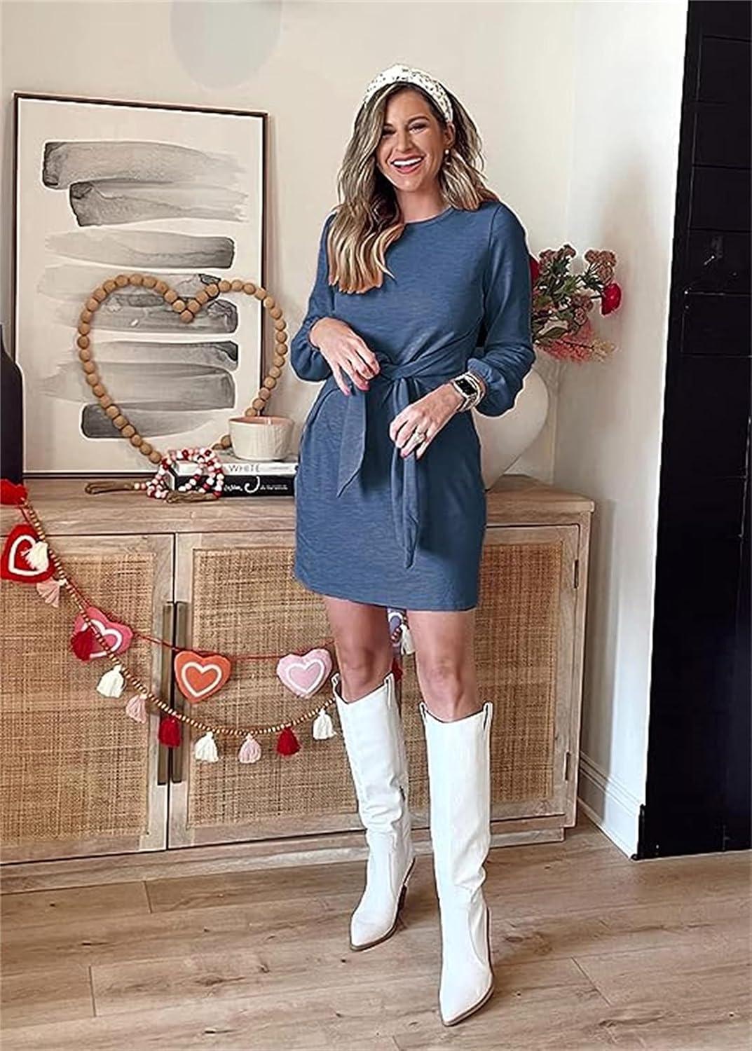 imagePRETTYGARDEN Womens Spring Elegant Long Lantern Sleeve Short Dress Wedding Guest Crewneck Tie Waist Knit Cocktail DressesBlue Grey