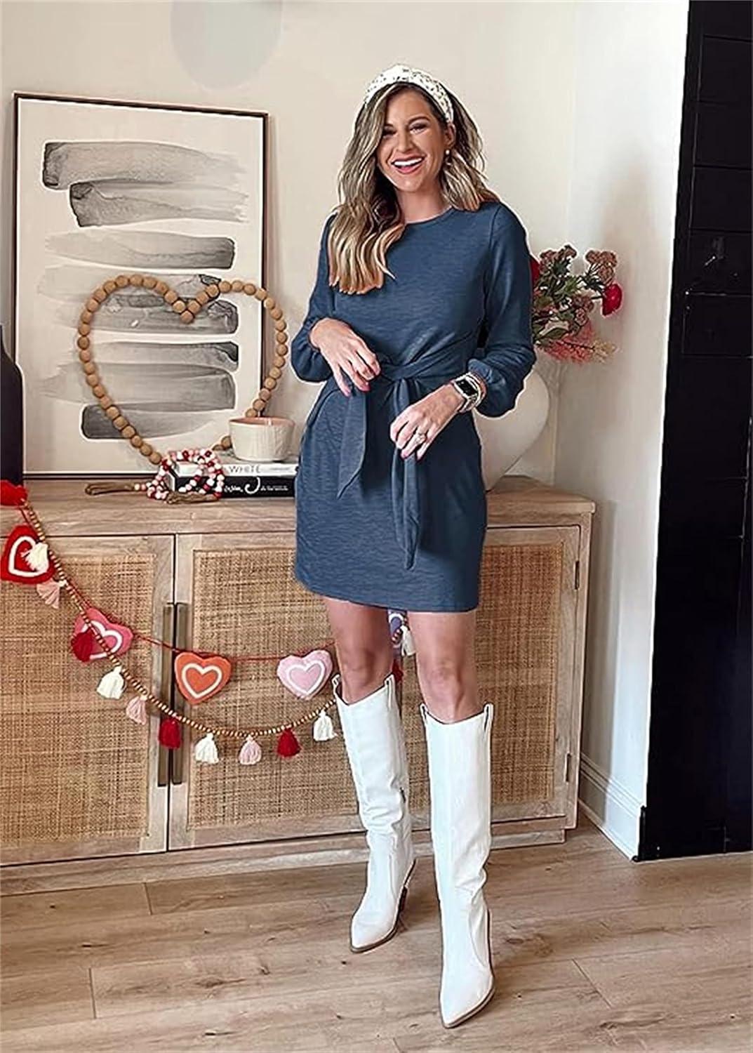 imagePRETTYGARDEN Womens Spring Elegant Long Lantern Sleeve Short Dress Wedding Guest Crewneck Tie Waist Knit Cocktail DressesDark Blue