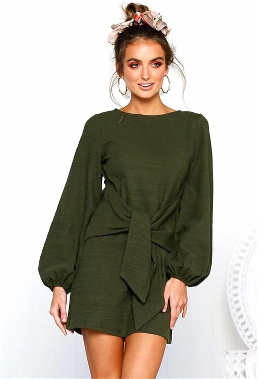 imagePRETTYGARDEN Womens Spring Elegant Long Lantern Sleeve Short Dress Wedding Guest Crewneck Tie Waist Knit Cocktail DressesGreen