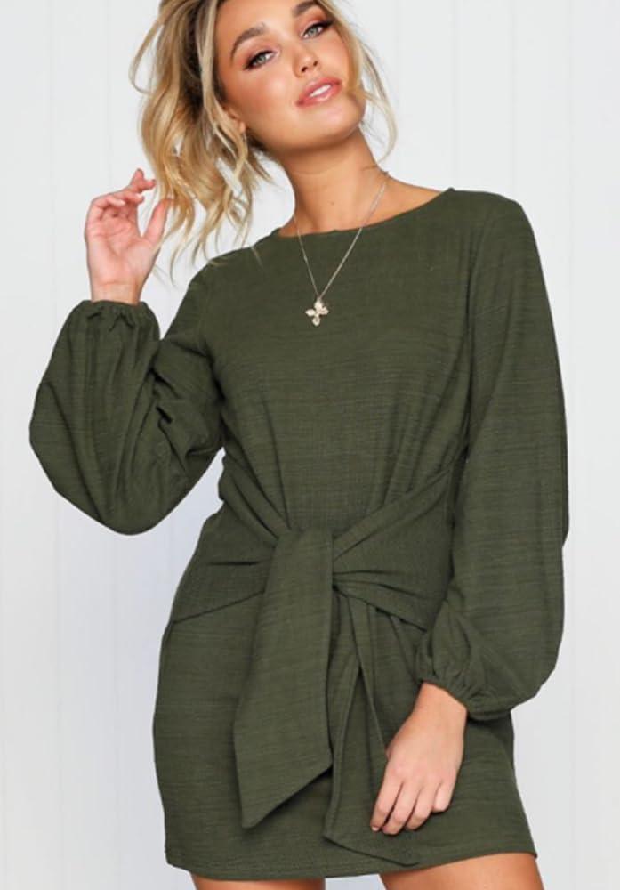 imagePRETTYGARDEN Womens Spring Elegant Long Lantern Sleeve Short Dress Wedding Guest Crewneck Tie Waist Knit Cocktail DressesGreen