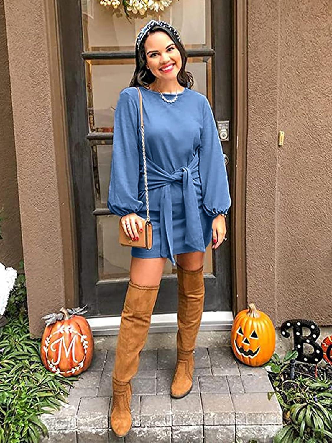 imagePRETTYGARDEN Womens Spring Elegant Long Lantern Sleeve Short Dress Wedding Guest Crewneck Tie Waist Knit Cocktail DressesLight Blue