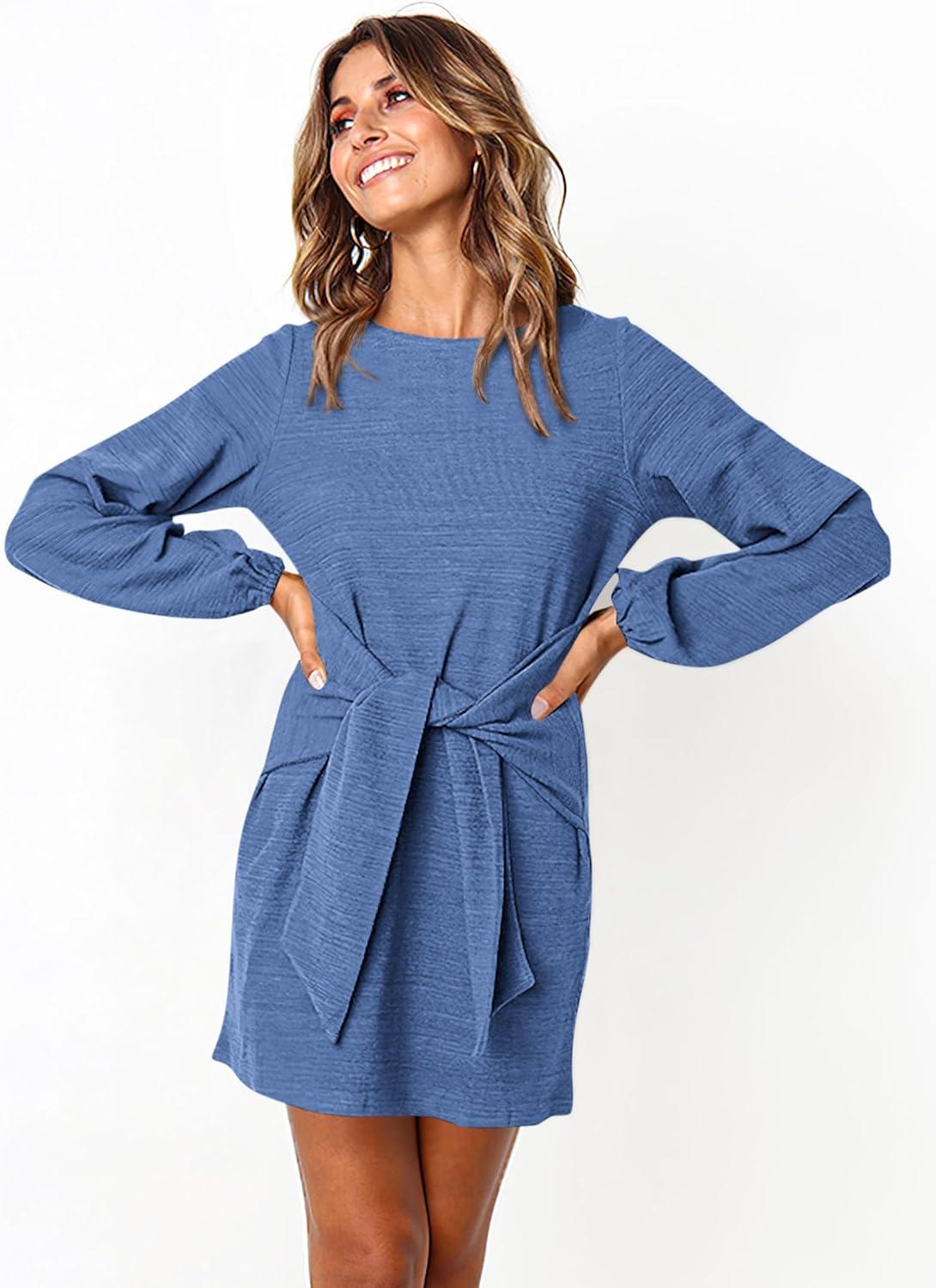 imagePRETTYGARDEN Womens Spring Elegant Long Lantern Sleeve Short Dress Wedding Guest Crewneck Tie Waist Knit Cocktail DressesLight Blue