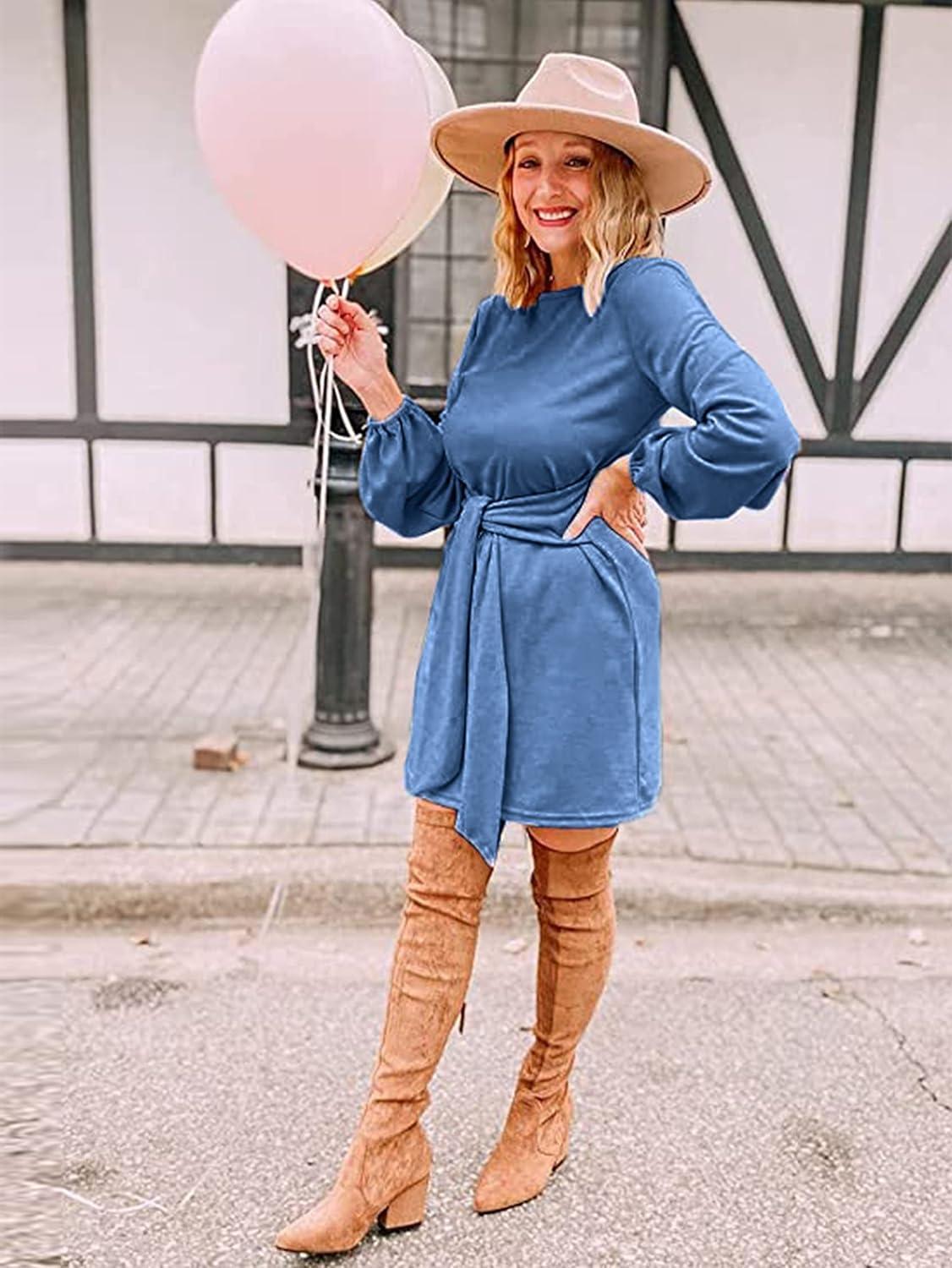 imagePRETTYGARDEN Womens Spring Elegant Long Lantern Sleeve Short Dress Wedding Guest Crewneck Tie Waist Knit Cocktail DressesLight Blue