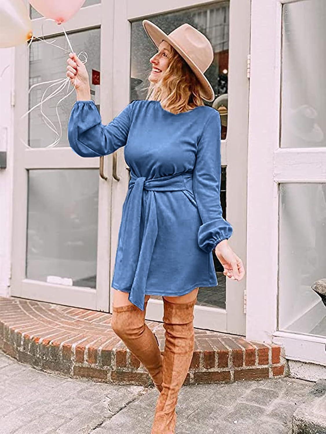 imagePRETTYGARDEN Womens Spring Elegant Long Lantern Sleeve Short Dress Wedding Guest Crewneck Tie Waist Knit Cocktail DressesLight Blue