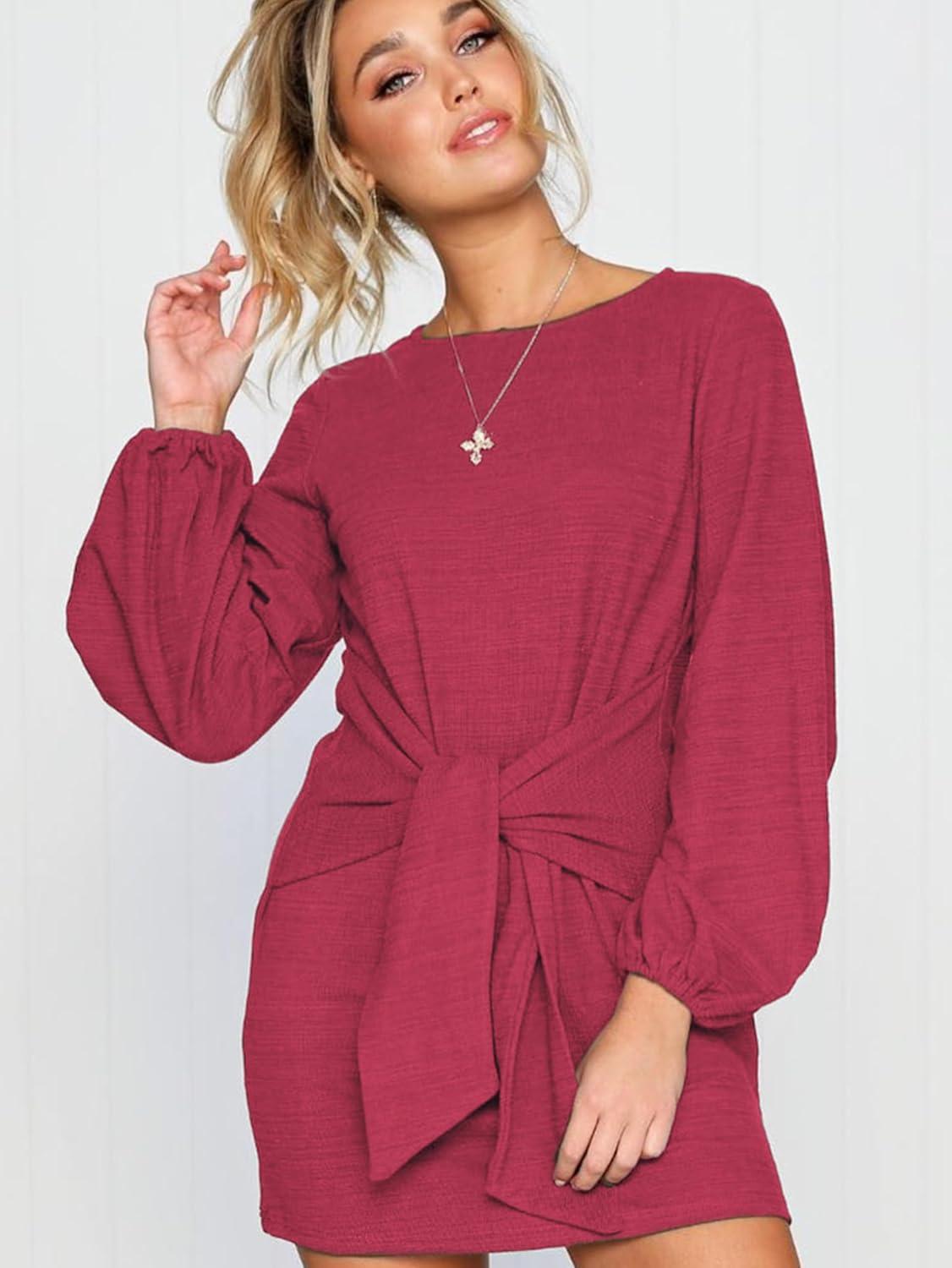 imagePRETTYGARDEN Womens Spring Elegant Long Lantern Sleeve Short Dress Wedding Guest Crewneck Tie Waist Knit Cocktail DressesOrange Red