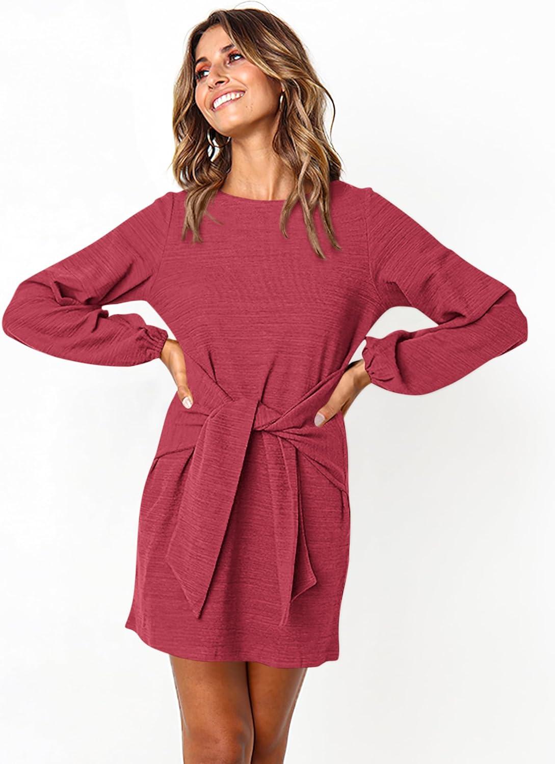 imagePRETTYGARDEN Womens Spring Elegant Long Lantern Sleeve Short Dress Wedding Guest Crewneck Tie Waist Knit Cocktail DressesOrange Red