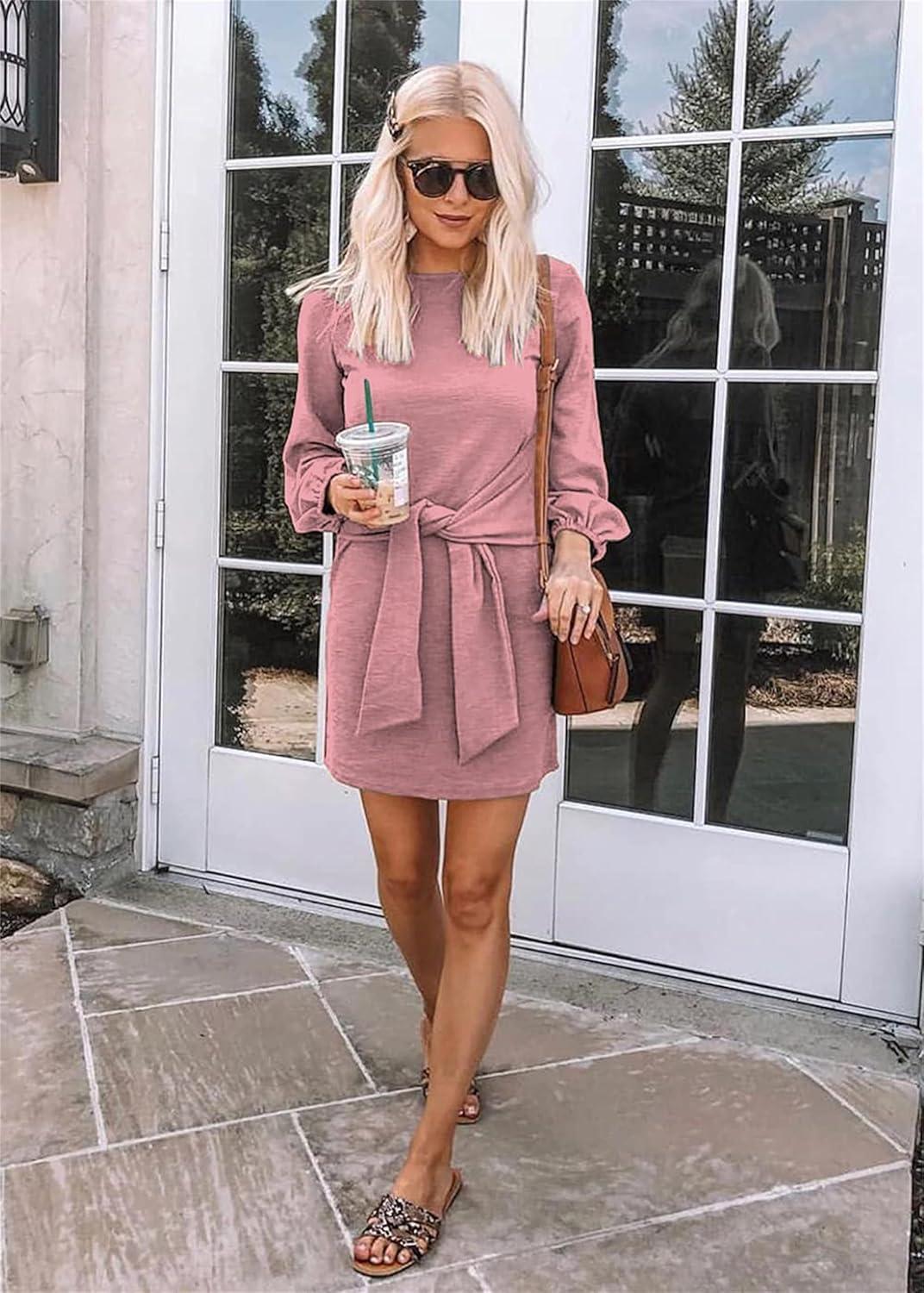 imagePRETTYGARDEN Womens Spring Elegant Long Lantern Sleeve Short Dress Wedding Guest Crewneck Tie Waist Knit Cocktail DressesPink