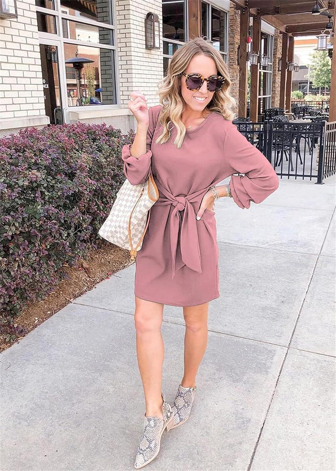 imagePRETTYGARDEN Womens Spring Elegant Long Lantern Sleeve Short Dress Wedding Guest Crewneck Tie Waist Knit Cocktail DressesPink