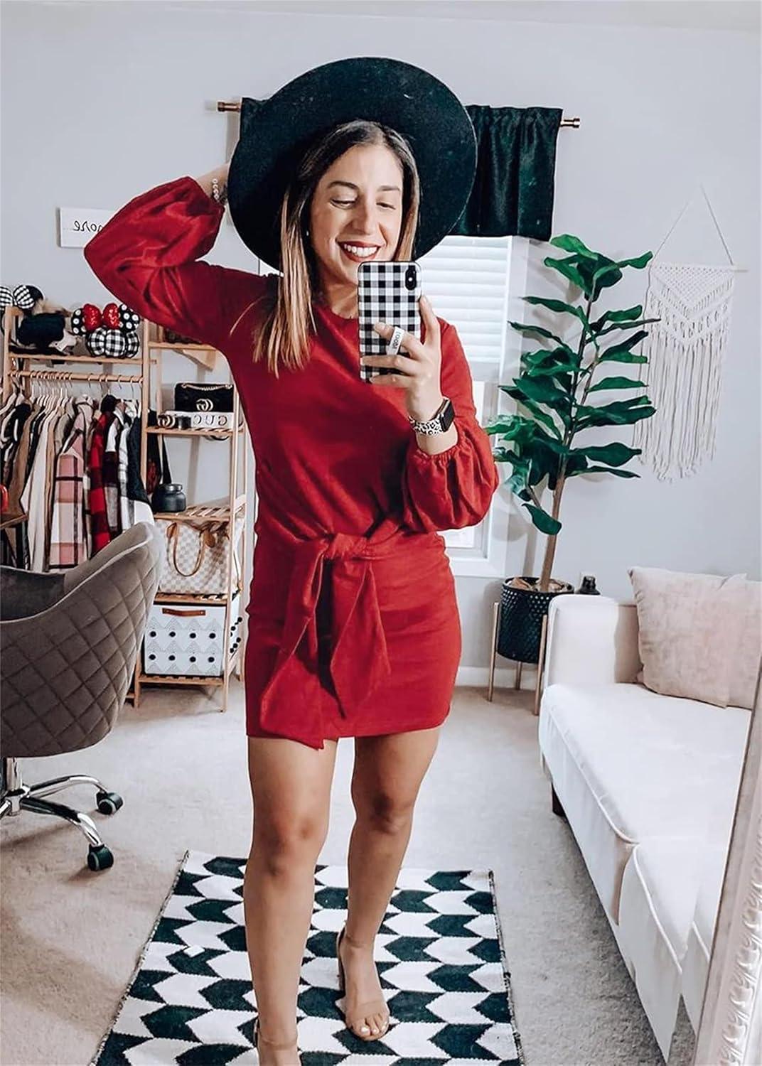 imagePRETTYGARDEN Womens Spring Elegant Long Lantern Sleeve Short Dress Wedding Guest Crewneck Tie Waist Knit Cocktail DressesRed