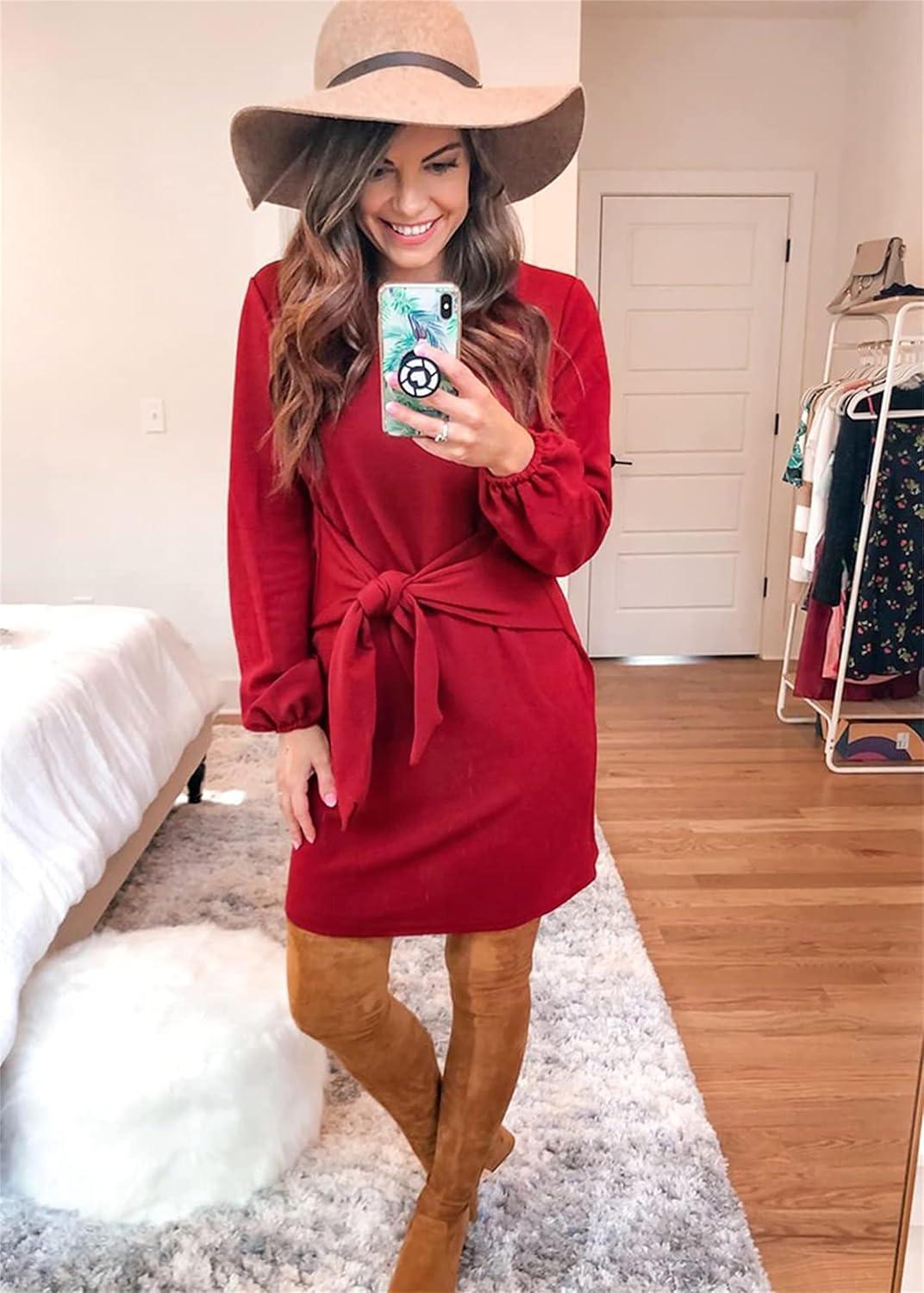 imagePRETTYGARDEN Womens Spring Elegant Long Lantern Sleeve Short Dress Wedding Guest Crewneck Tie Waist Knit Cocktail DressesRed