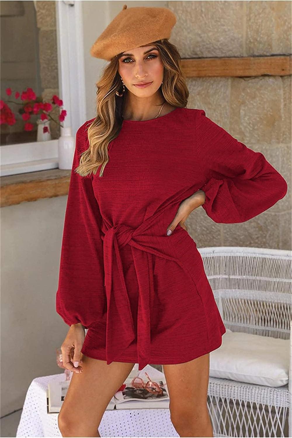 imagePRETTYGARDEN Womens Spring Elegant Long Lantern Sleeve Short Dress Wedding Guest Crewneck Tie Waist Knit Cocktail DressesRed