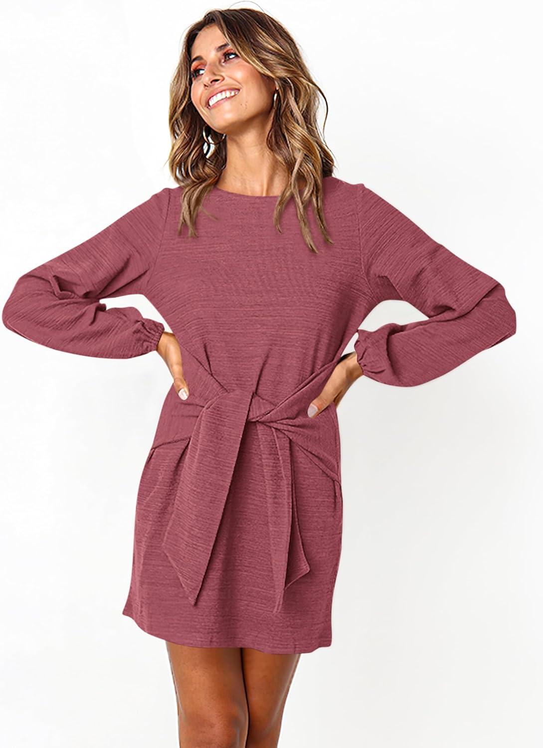 imagePRETTYGARDEN Womens Spring Elegant Long Lantern Sleeve Short Dress Wedding Guest Crewneck Tie Waist Knit Cocktail DressesRed Brown
