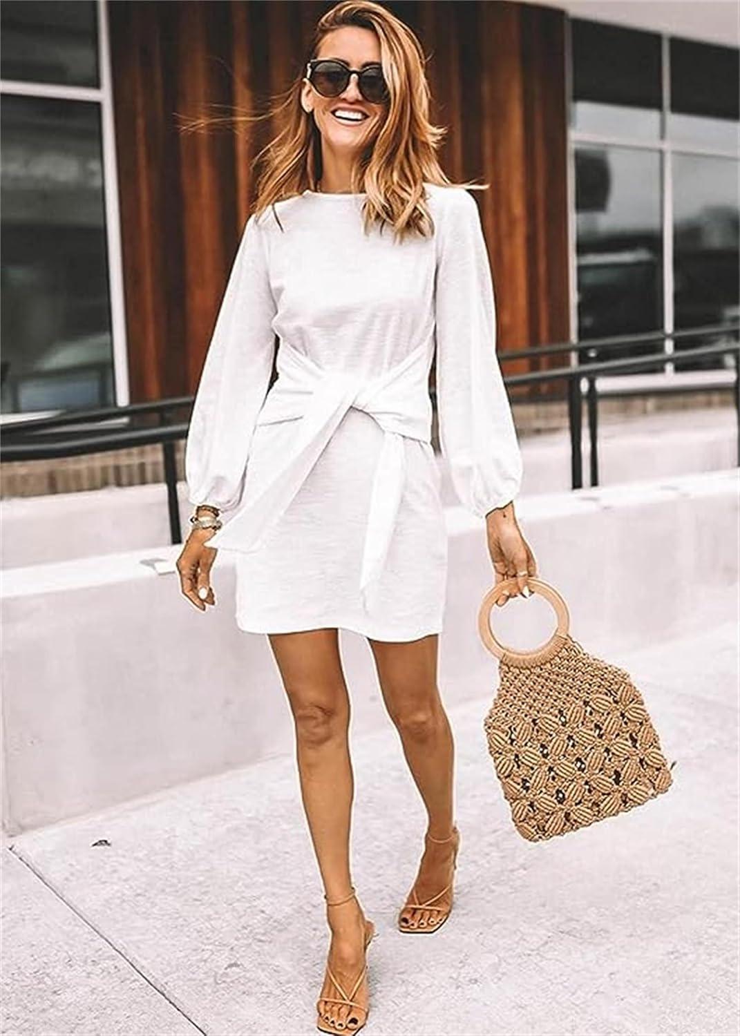 imagePRETTYGARDEN Womens Spring Elegant Long Lantern Sleeve Short Dress Wedding Guest Crewneck Tie Waist Knit Cocktail DressesWhite