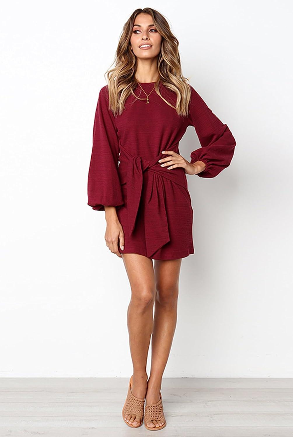 imagePRETTYGARDEN Womens Spring Elegant Long Lantern Sleeve Short Dress Wedding Guest Crewneck Tie Waist Knit Cocktail DressesWine Red