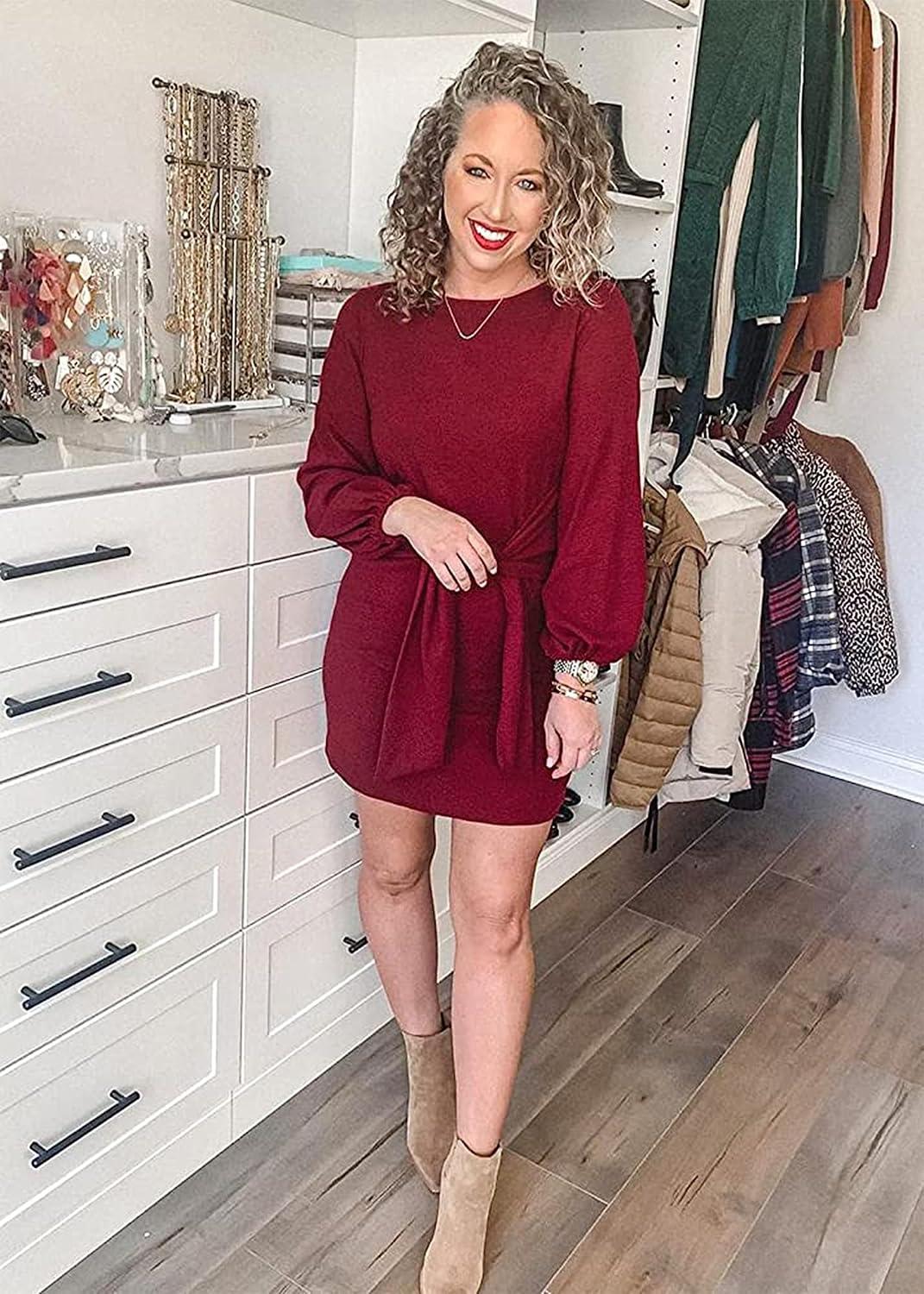 imagePRETTYGARDEN Womens Spring Elegant Long Lantern Sleeve Short Dress Wedding Guest Crewneck Tie Waist Knit Cocktail DressesWine Red