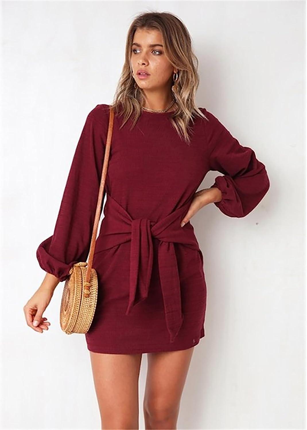 imagePRETTYGARDEN Womens Spring Elegant Long Lantern Sleeve Short Dress Wedding Guest Crewneck Tie Waist Knit Cocktail DressesWine Red