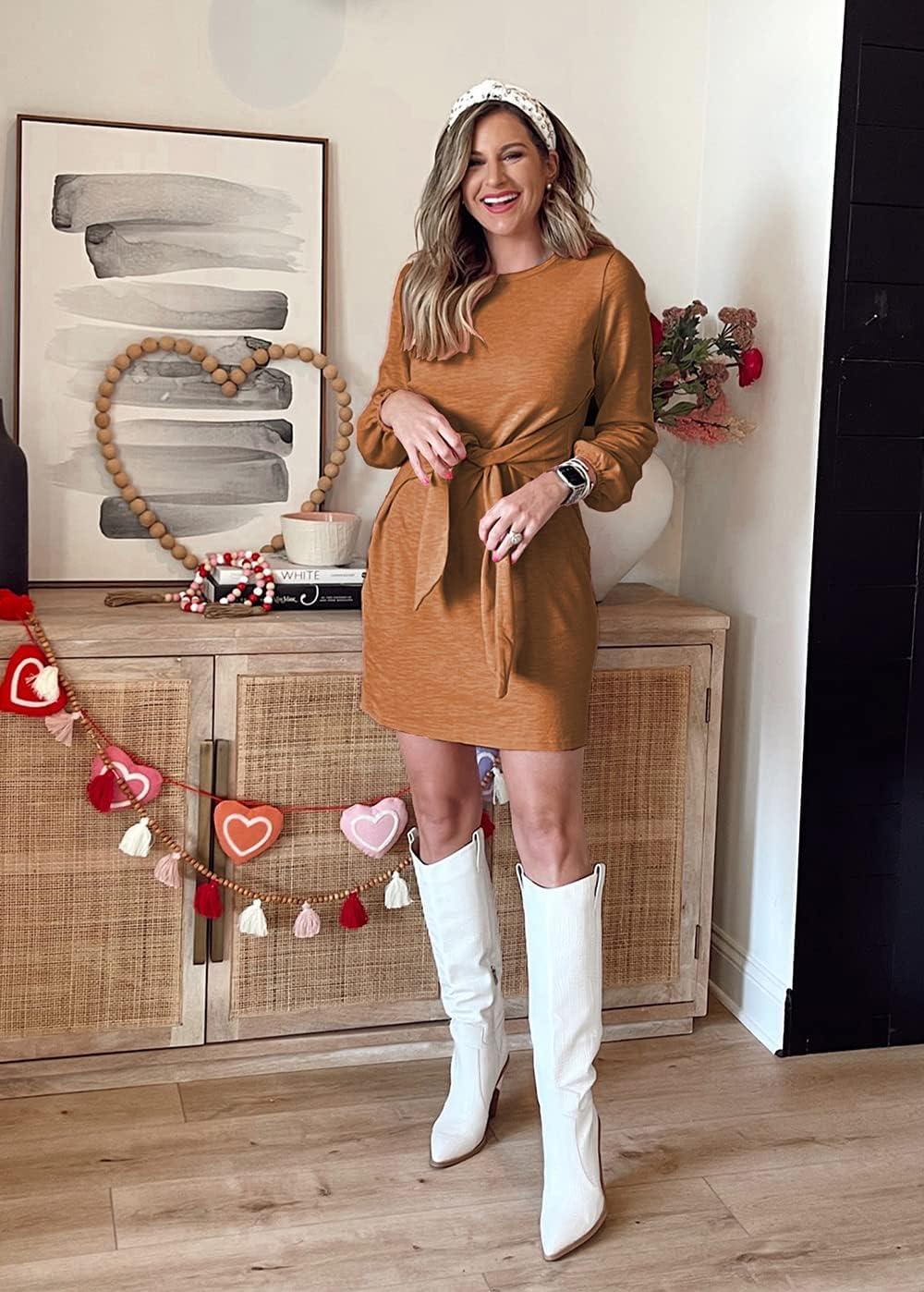 imagePRETTYGARDEN Womens Spring Elegant Long Lantern Sleeve Short Dress Wedding Guest Crewneck Tie Waist Knit Cocktail DressesYellow Brown