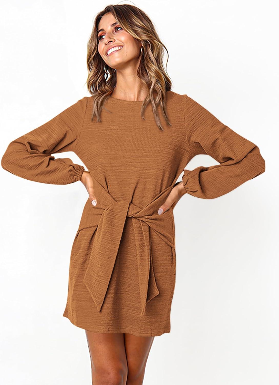 imagePRETTYGARDEN Womens Spring Elegant Long Lantern Sleeve Short Dress Wedding Guest Crewneck Tie Waist Knit Cocktail DressesYellow Brown
