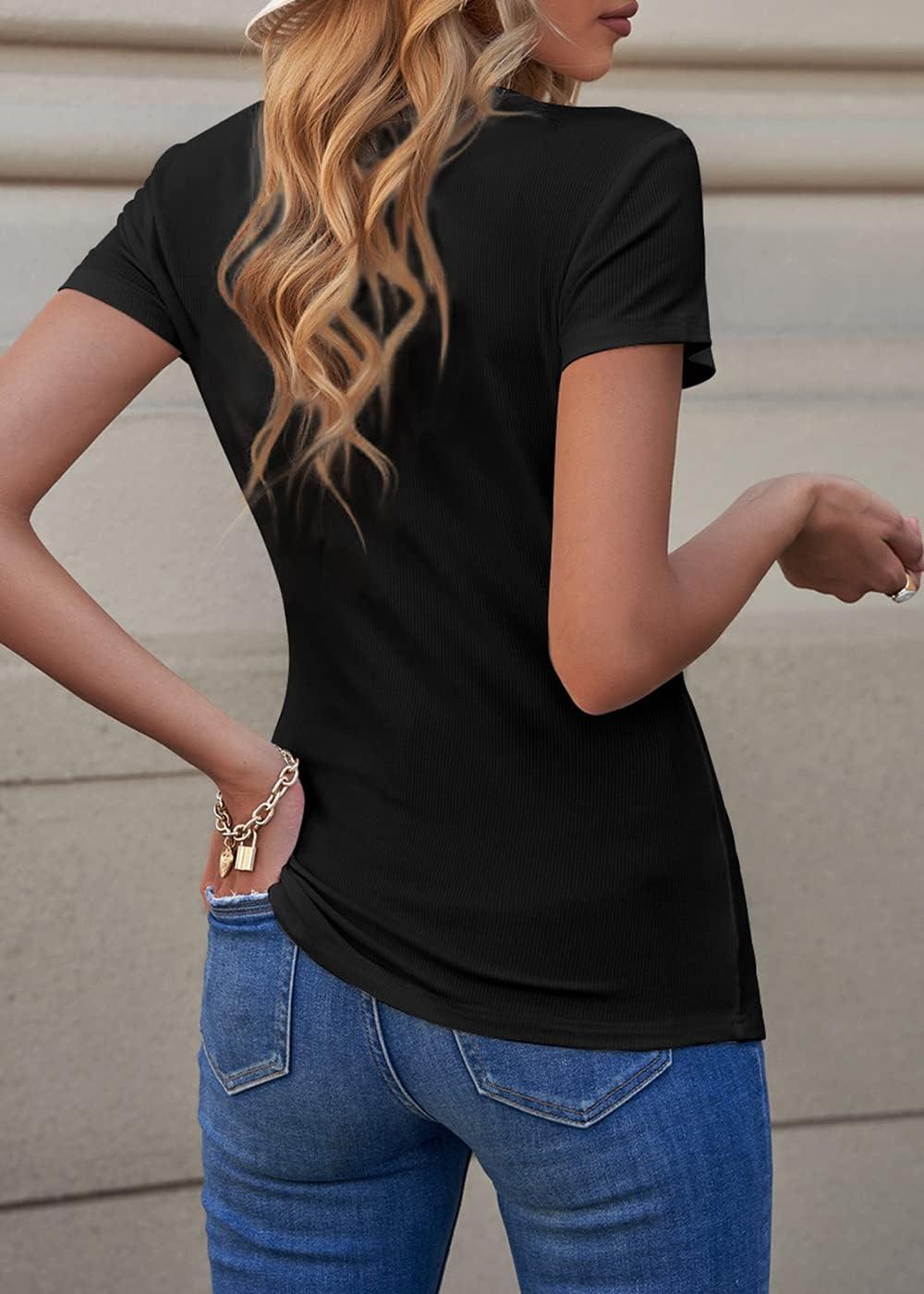 imagePRETTYGARDEN Womens Summer Casual Henley TShirts Short Sleeve V Neck Button Up Ribbed Knit Slim Fit Basic TopsBlack