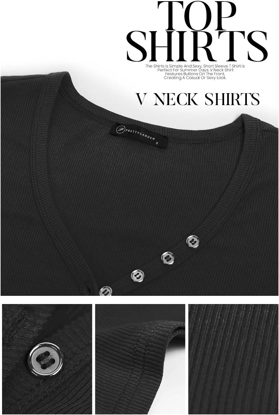 imagePRETTYGARDEN Womens Summer Casual Henley TShirts Short Sleeve V Neck Button Up Ribbed Knit Slim Fit Basic TopsBlack