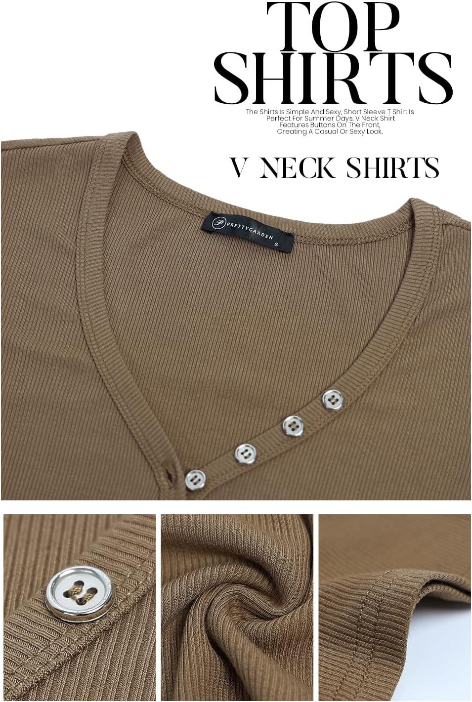 imagePRETTYGARDEN Womens Summer Casual Henley TShirts Short Sleeve V Neck Button Up Ribbed Knit Slim Fit Basic TopsBrown