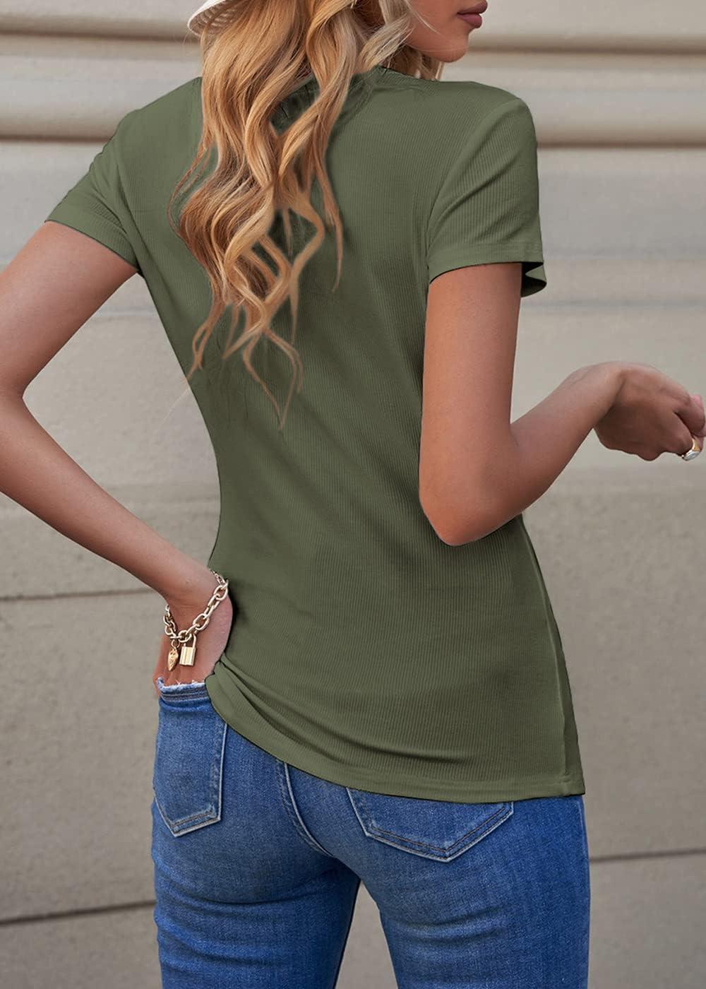 imagePRETTYGARDEN Womens Summer Casual Henley TShirts Short Sleeve V Neck Button Up Ribbed Knit Slim Fit Basic TopsGreen