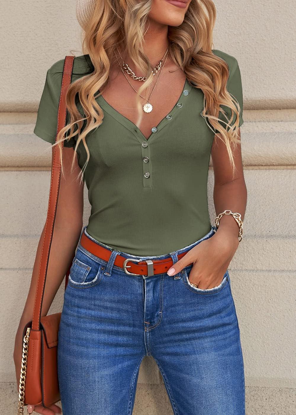 imagePRETTYGARDEN Womens Summer Casual Henley TShirts Short Sleeve V Neck Button Up Ribbed Knit Slim Fit Basic TopsGreen