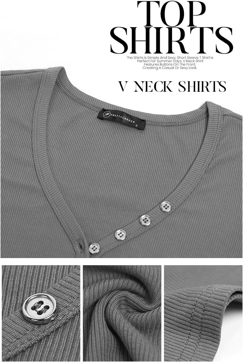 imagePRETTYGARDEN Womens Summer Casual Henley TShirts Short Sleeve V Neck Button Up Ribbed Knit Slim Fit Basic TopsGrey