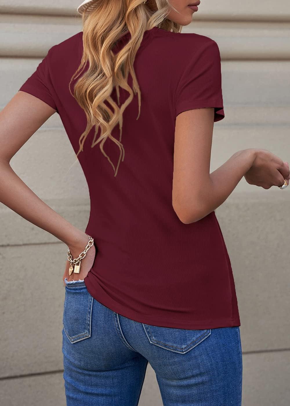 imagePRETTYGARDEN Womens Summer Casual Henley TShirts Short Sleeve V Neck Button Up Ribbed Knit Slim Fit Basic TopsRed