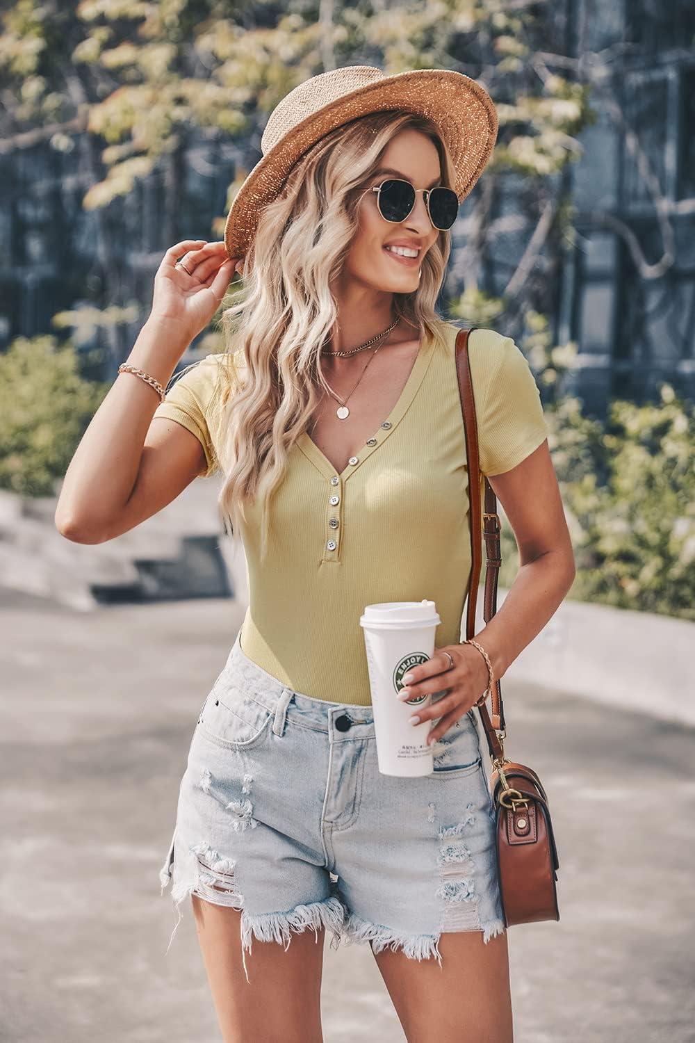 imagePRETTYGARDEN Womens Summer Casual Henley TShirts Short Sleeve V Neck Button Up Ribbed Knit Slim Fit Basic TopsYellow