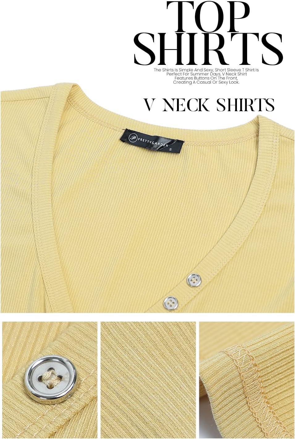 imagePRETTYGARDEN Womens Summer Casual Henley TShirts Short Sleeve V Neck Button Up Ribbed Knit Slim Fit Basic TopsYellow