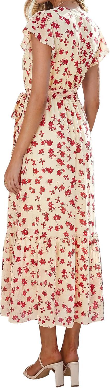imagePRETTYGARDEN Womens Summer Floral Boho Maxi Dress Short Sleeve Wrap V Neck Ruffle Long Flowy Beach Wedding Guest DressesApricot Red Floral
