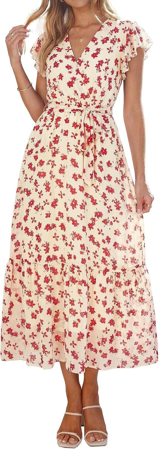 imagePRETTYGARDEN Womens Summer Floral Boho Maxi Dress Short Sleeve Wrap V Neck Ruffle Long Flowy Beach Wedding Guest DressesApricot Red Floral