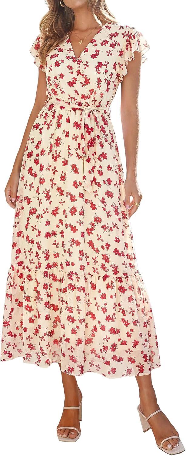 imagePRETTYGARDEN Womens Summer Floral Boho Maxi Dress Short Sleeve Wrap V Neck Ruffle Long Flowy Beach Wedding Guest DressesApricot Red Floral