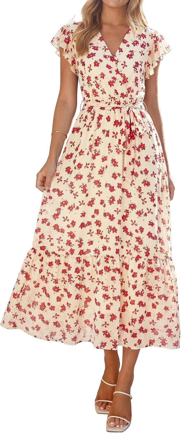 imagePRETTYGARDEN Womens Summer Floral Boho Maxi Dress Short Sleeve Wrap V Neck Ruffle Long Flowy Beach Wedding Guest DressesApricot Red Floral
